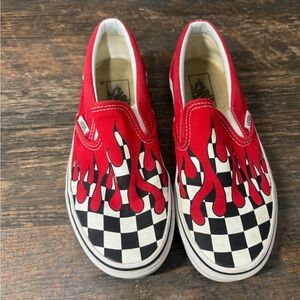 Vans Red and Black Flame Checkered Slip-On Loafers